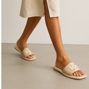 Tory Burch Women Leather Slide Sandals Double T Logo Beige Cream Flat Slip On 10
